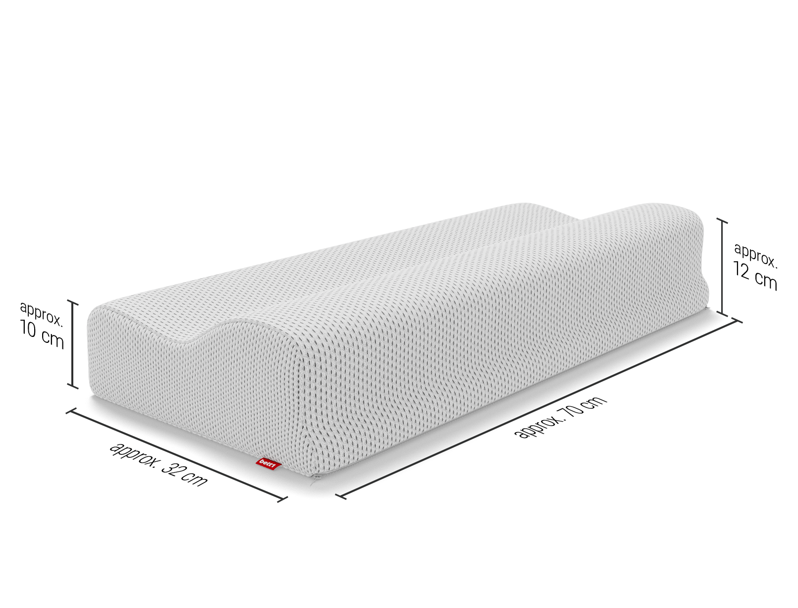 BODYGUARD® Ergonomic Pillow, the dimensions of which are marked on the sides: 70 x 32 x 10–12 cm (L x W x H)	