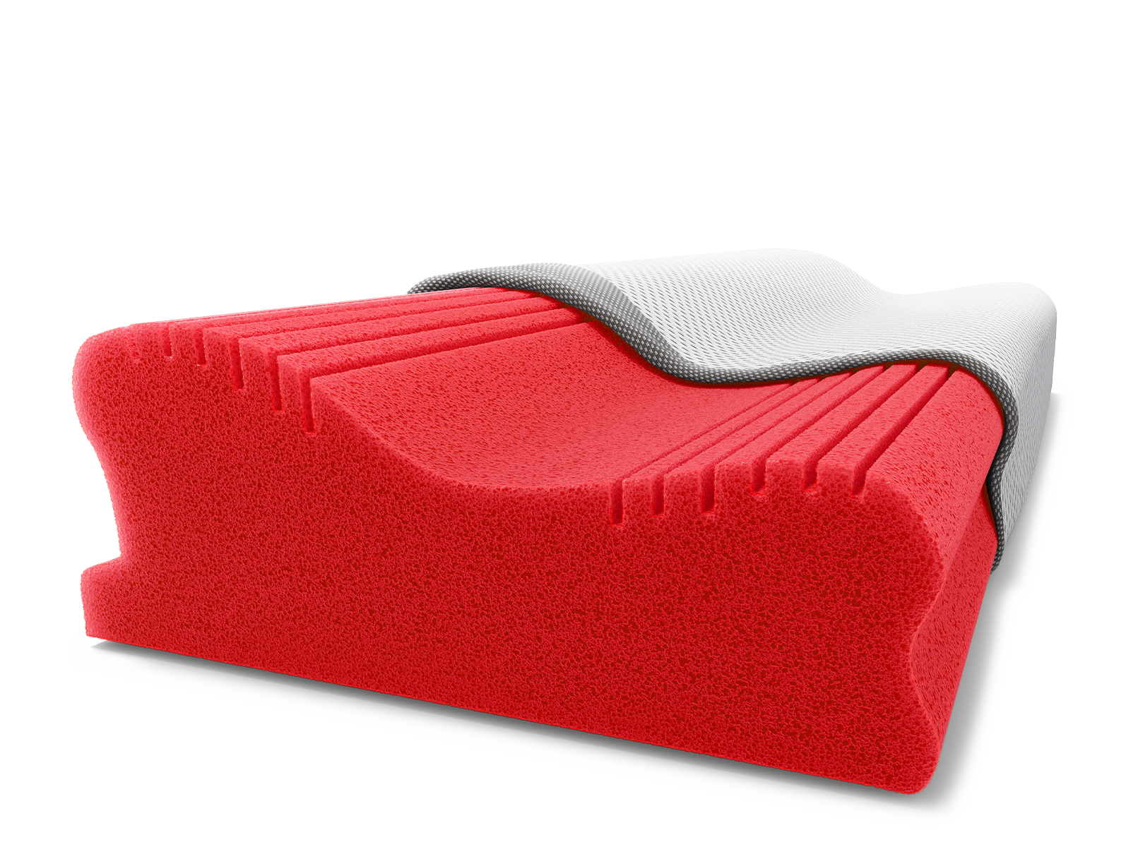 The BODYGUARD Ergonomic Pillow is partially covered with a pillowcase, leaving the red foam core visible.