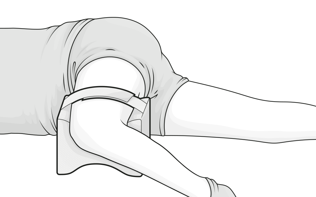 Illustration: A person lying on their side has one leg bent on the knee cushion and the other stretched out flat next to it.	