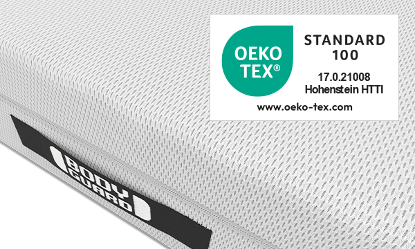 Close-up of the BODYGUARD mattress 70x200 cm. Certificate: Oeko-Tex Standard 100