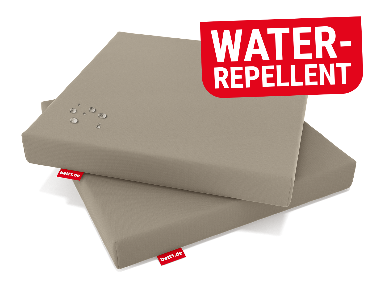 Two RAINGUARD Seat Cushions lying on top of each other. Water droplets beading on the top surface. Text: Water-repellent