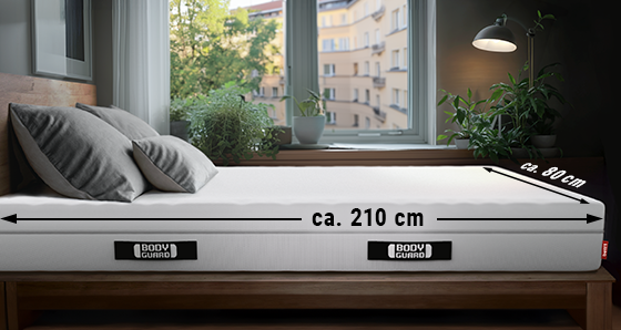 Eine Matratze 80x210 liegt in einem Bett. An den Seiten stehen jeweils die Maße