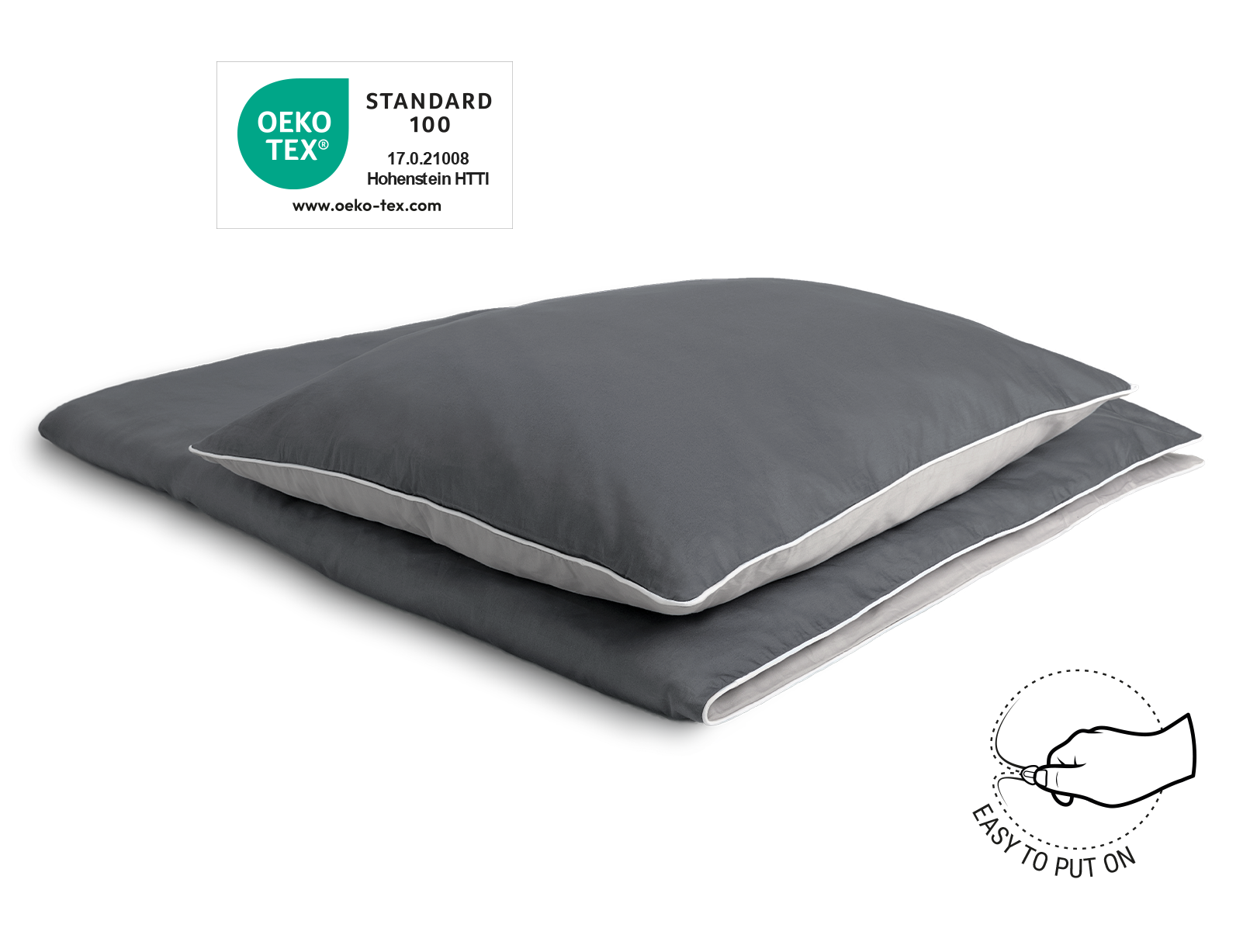 The SOFT BREEZE® Satin Bed Linen covered on a folded duvet with two pillows. The Oeko-Tex® seal. Illustration of a hand closing a zip. Text: easy to cover	