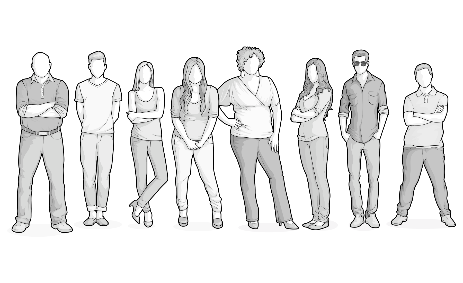 Illustration: Acht Personen mit unterschiedlichen Körpertypen – von groß bis klein und schmal bis breit.