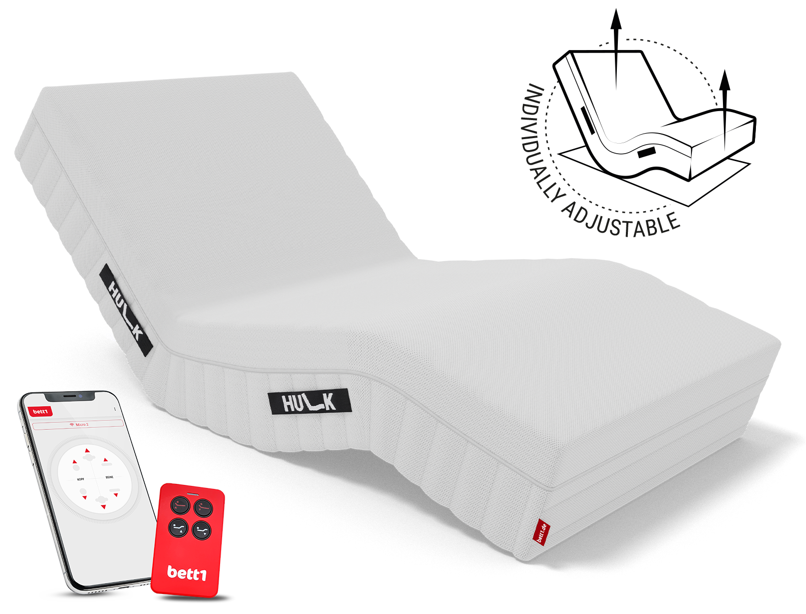The HULK mattress. Next to it, a remote control and a smartphone. An illustration: The HULK Mattress with height-adjustable head and foot sections. Two arrows point upward. Text: Individually adjustable