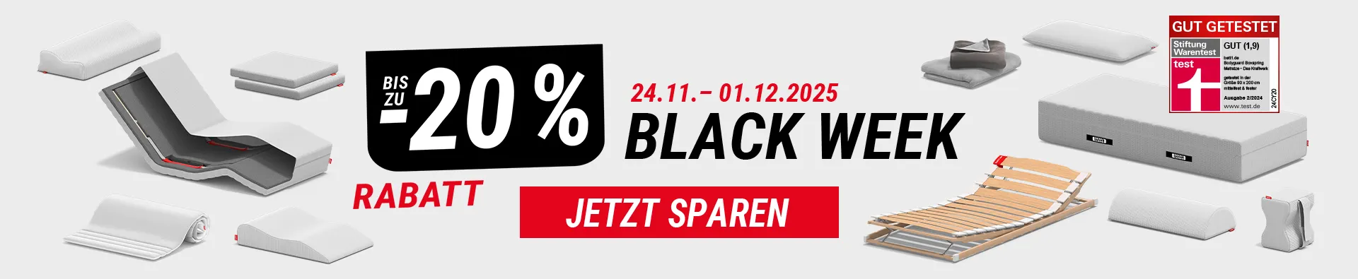 Zusammenstellung der Produkte in der Blackweek vom 24.11.-01.12.2025, daneben Text: bis zu 20 % Rabatt - Jetzt sparen