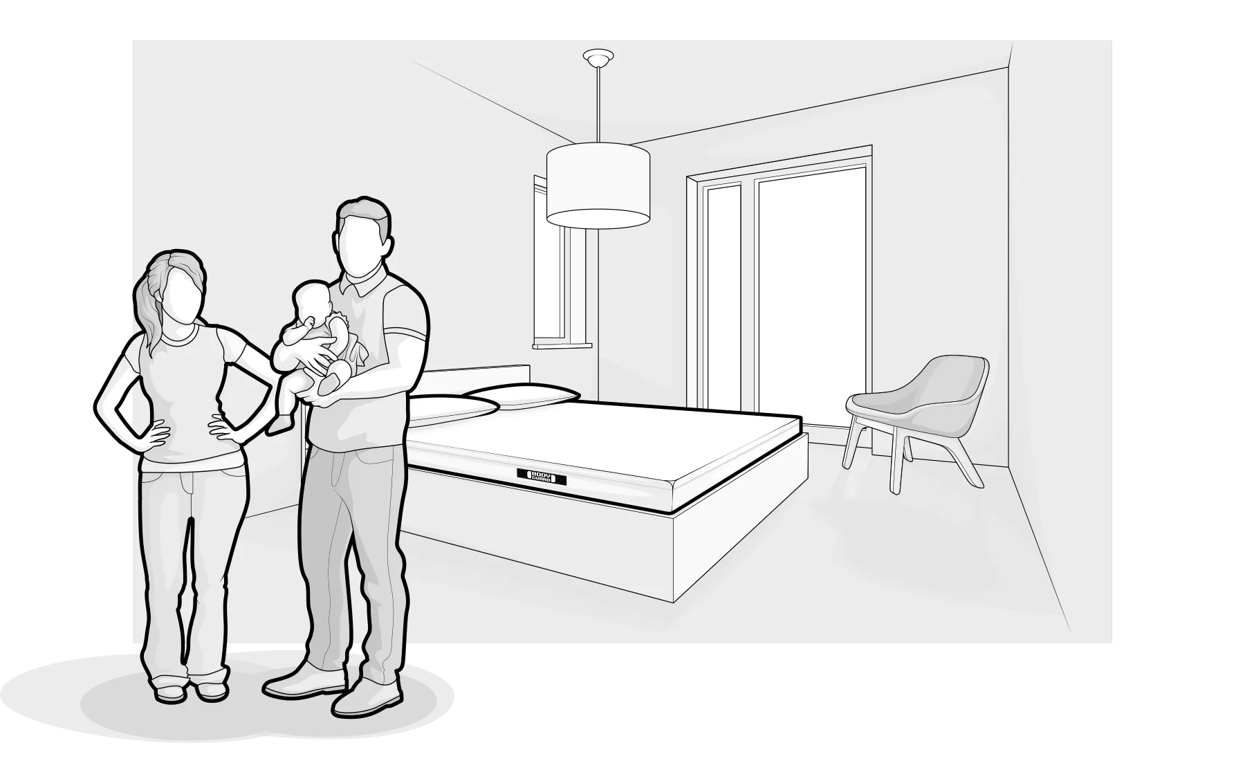 Illustration: Zwei junge Erwachsene stehen in einem Schlafzimmer mit Doppelbett samt BODYGUARD® Matratze; eine Person hält ein Baby auf dem Arm.