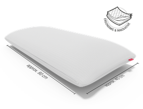 The BODYGUARD memory foam pillow with size information: approx. 80 cm, approx. 40 cm. Next to it an illustration of the flexible cover. Text: Ergonomic and innovative.