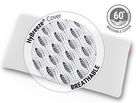 The BODYGUARD memory foam cushion. Zoom on cover. Text: HyBreeze Cover breathable. Next to illustration: washable cover 60 °