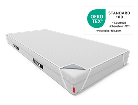 The BODYGUARD® Incontinence Pad is attached to the BODYGUARD® Mattress with the retaining loops and the Oeko-Tex® Standard 100 seal next to it.	