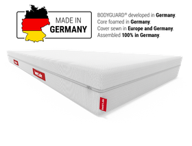 BODYGUARD® anti-cartel mattress Soft: Map of Germany: Made in Germany: BODYGUARD® developed in Germany. Core foamed in Germany. Cover sewn in Europe and Germany. Manufactured 100% in Germany	