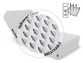 The angled HULK: Zoom on mattress cover. Text: HyBreeze® functional cover/breathable. Illustration: Arrows penetrate through the pores of a piece of fabric