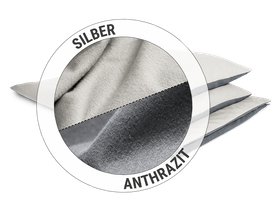 Die BODYGUARD® Flanell-Bettwäsche: Ein Ausschnitt zeigt in einer Hälfte die silberne, in der anderen die anthrazitfarbene Seite des Flanell-Stoffs. Text: Silber/Anthrazit