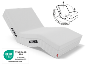 The angled HULK with Oeko-Tex® seal. Illustration: Hulk with arrows on the head and foot sections, text: Individually adjustable