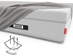 The BODYGUARD® Boxspring mattress covered with the extra high fitted sheet. Illustration of the fabric with three arrows running through it. Text: breathable	