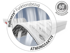 BODYGUARD® Anti-Kartell-Matratze: Zoom auf Matratzenbezug. Text: HyBreeze® Funktionsbezug/atmungsaktiv. Illustration: Pfeile dringen durch die Poren eines Stoffstücks	