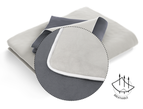 The SOFT BREEZE® Satin Bed Linen: Zoom on the cover. Illustration of the fabric with three arrows running through it. Text: breathable	