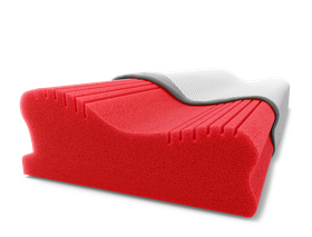 The BODYGUARD Ergonomic Pillow is partially covered with a pillowcase, leaving the red foam core visible.
