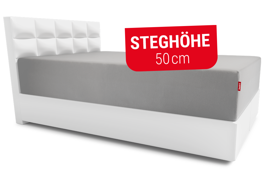 Das BODYGUARD® Spannbettlaken extra hoch aufgezogen auf der BODYGUARD® Boxspring Matratze. Text: Steghöhe 50cm	