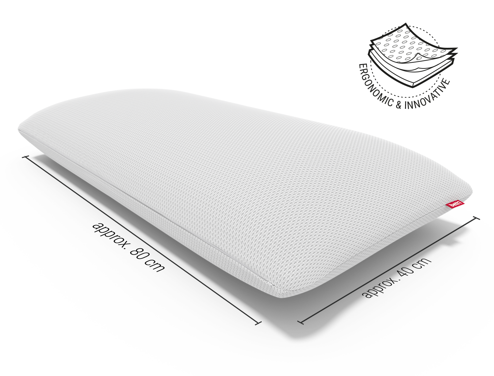 The BODYGUARD memory foam pillow with size information: approx. 80 cm, approx. 40 cm. Next to it an illustration of the flexible cover. Text: Ergonomic and innovative.