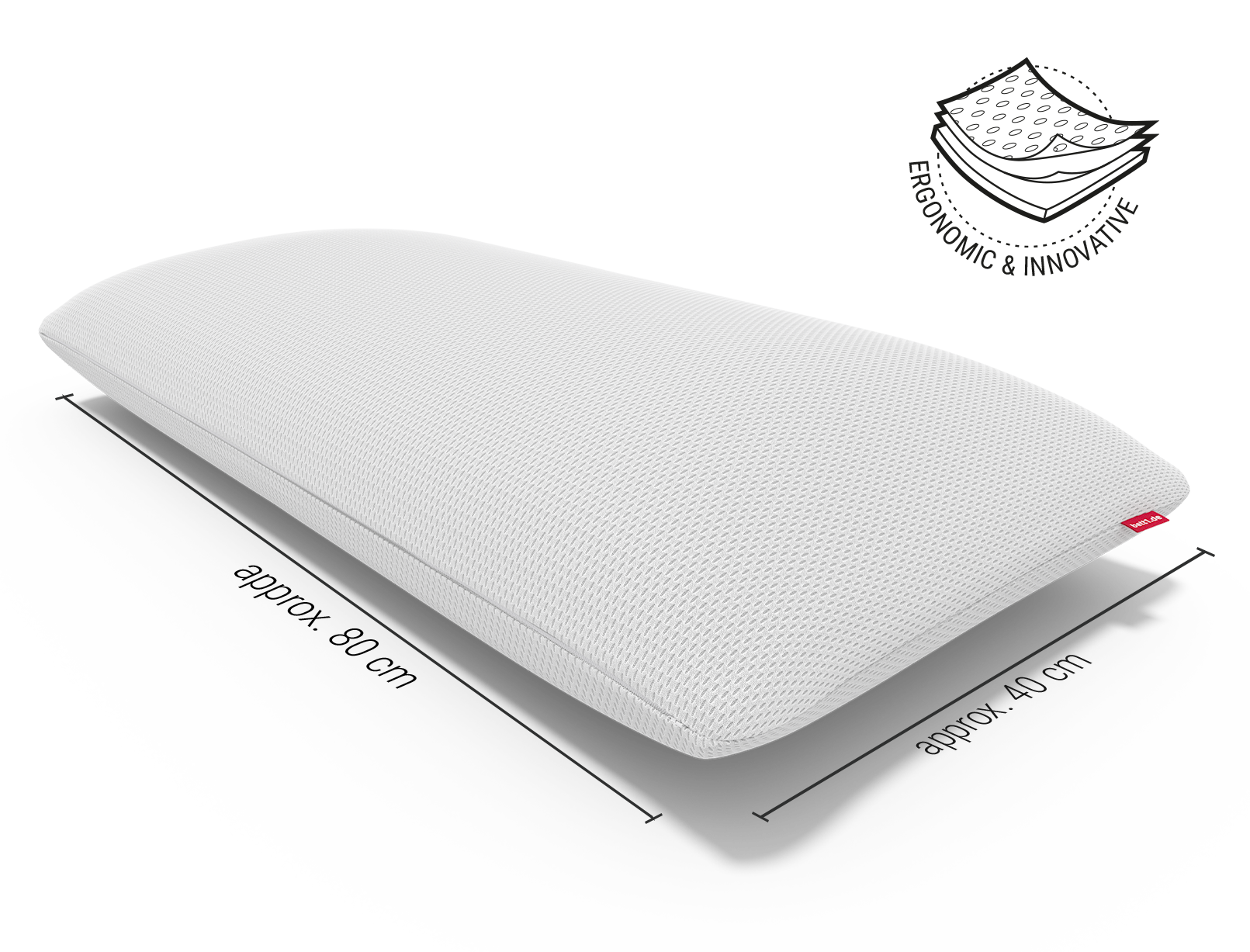 The BODYGUARD memory foam pillow with size information: approx. 80 cm, approx. 40 cm. Next to it an illustration of the flexible cover. Text: Ergonomic and innovative.