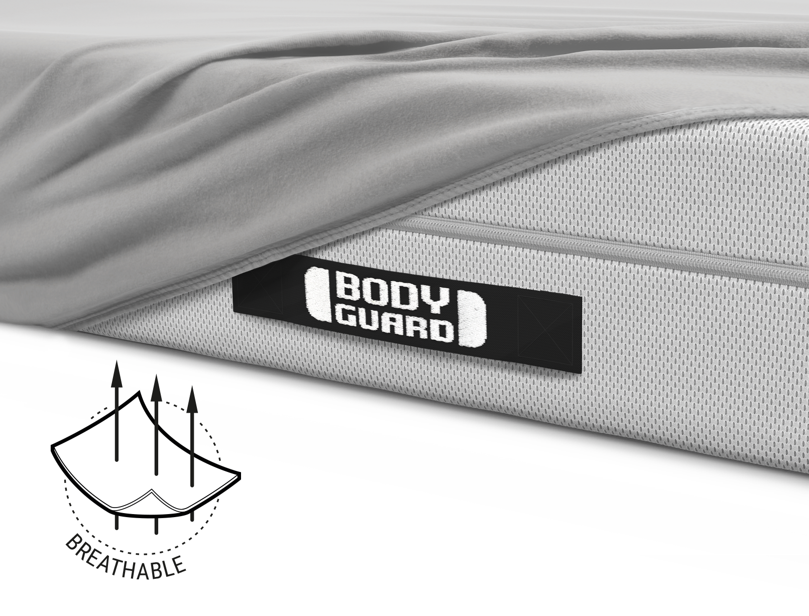  Half of the BODYGUARD® mattress is covered with the jersey fitted sheet in silver. Illustration of the fabric with three arrows running through it. Text: breathable	