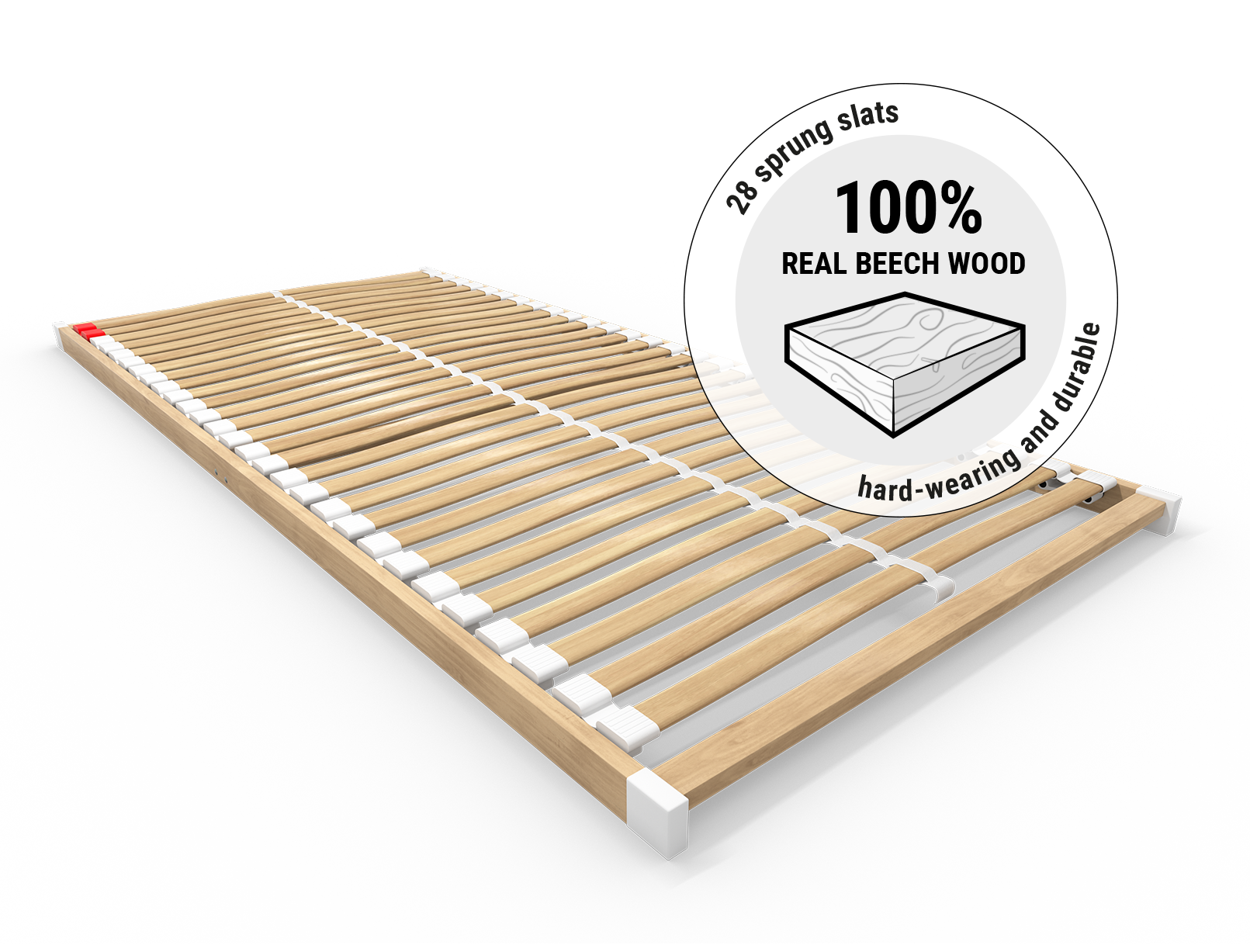 The BODYGUARD® Slatted Frame Basic. A round field with the illustration of a piece of wood and the text: 100% real beech wood, 28 slats, hard-wearing and durable	