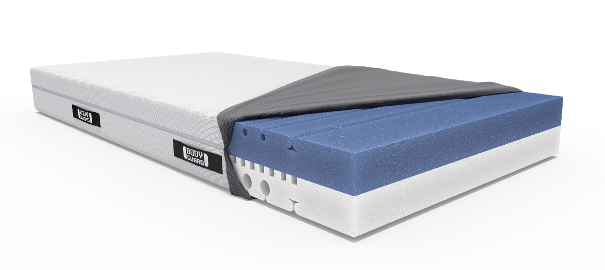 The BODYGUARD mattress with half-open cover and view of the foam core.