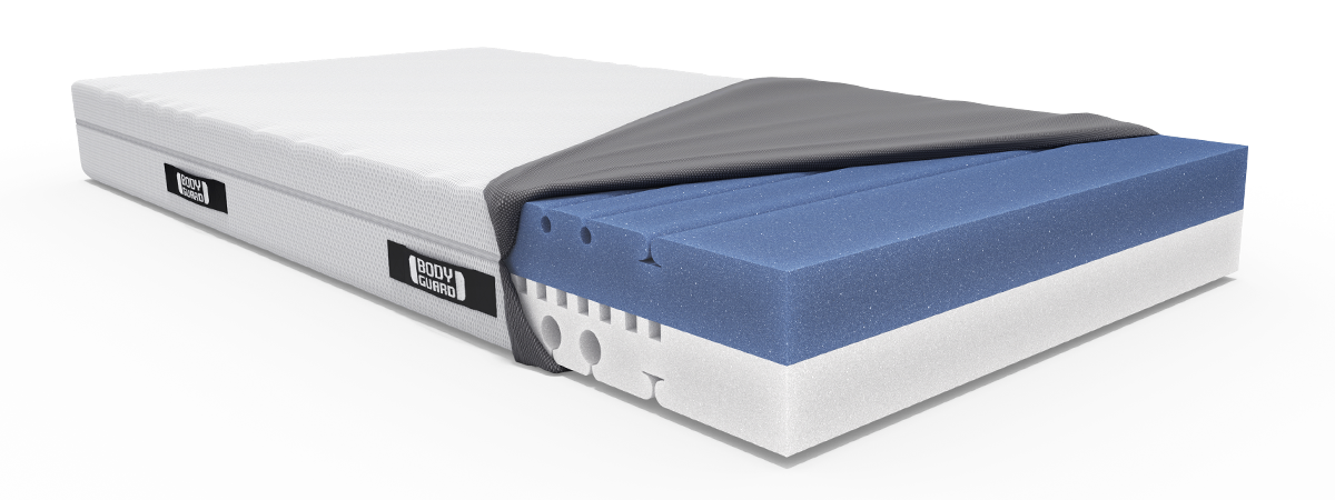 The BODYGUARD mattress with half-open cover and view of the foam core.