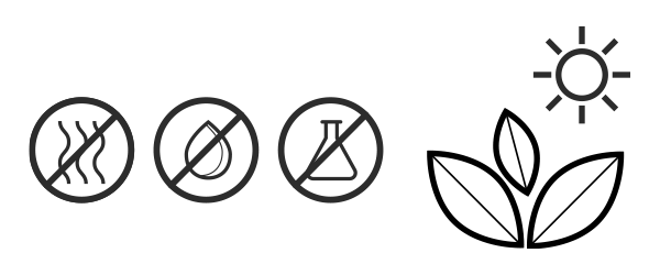 Illustration: Arranged side by side are stylized symbols: a plant under a sun. Next to it, crossed out: an alder meyer's flask, a drop of water, three wavy lines.