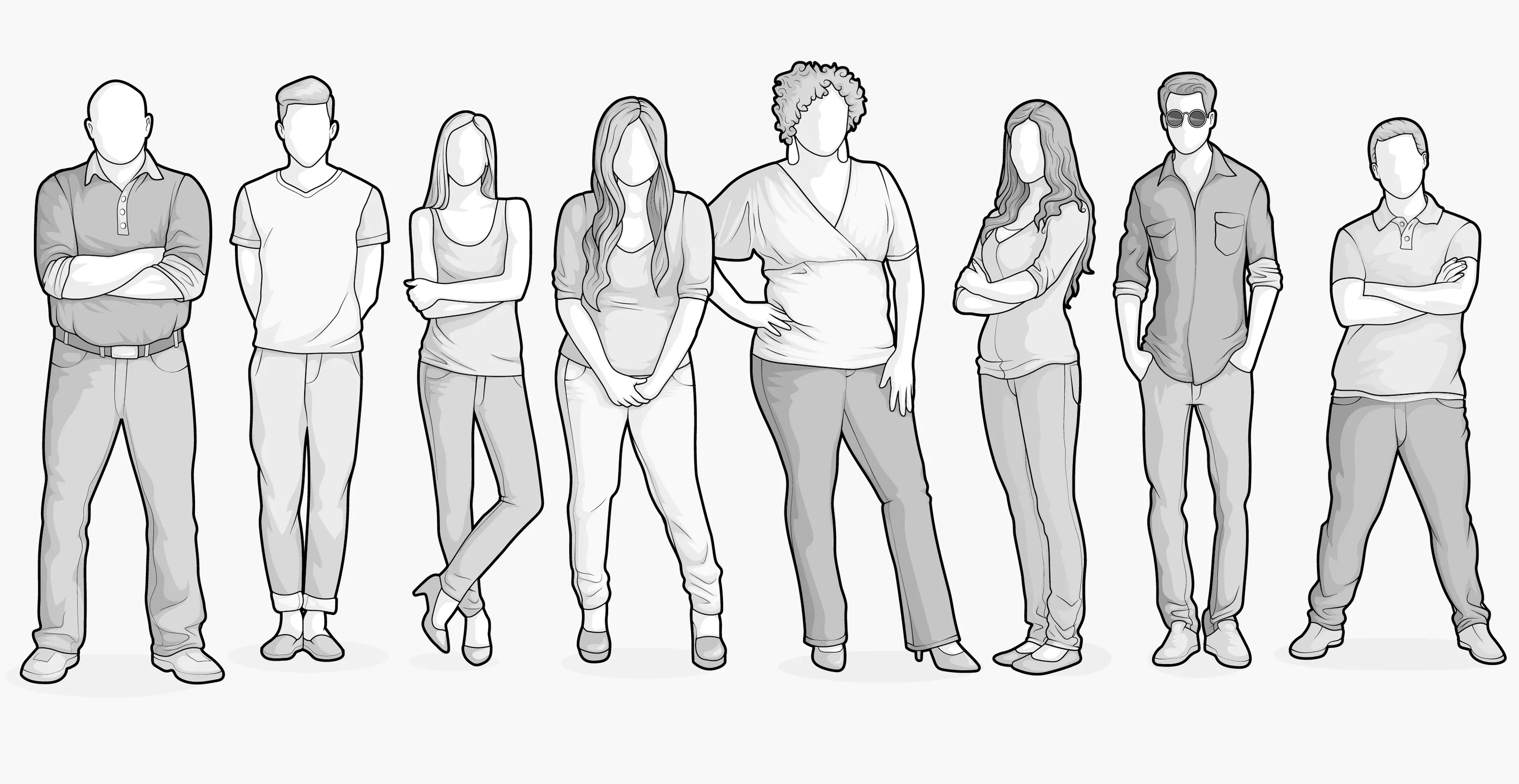 Illustration: Acht Personen mit unterschiedlichen Körpertypen – von groß bis klein und schmal bis breit.