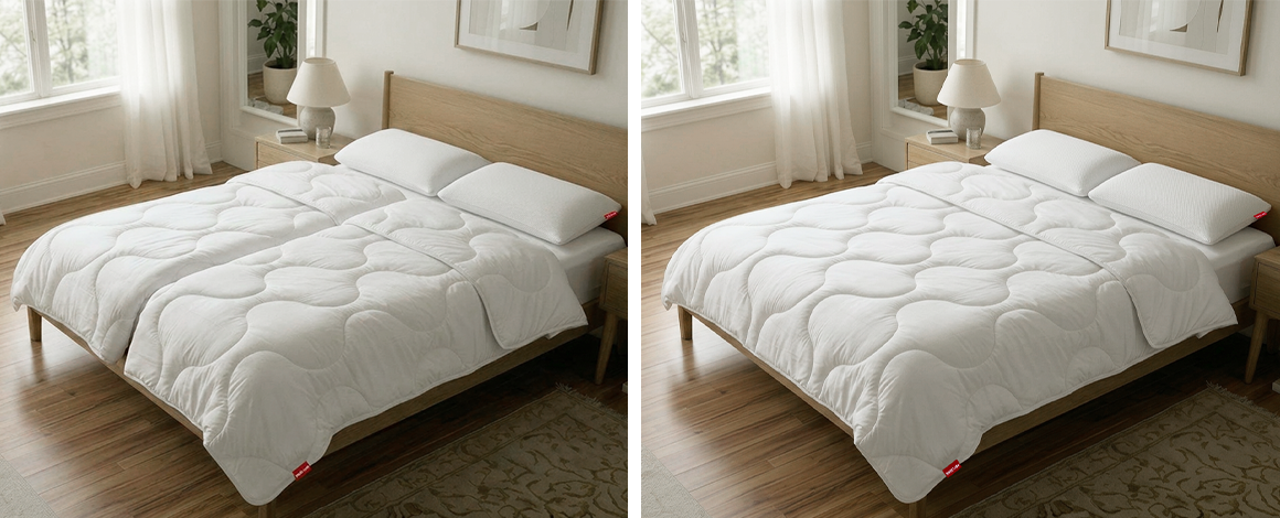 Zwei Abbildungen eines hellen, modern eingerichteten Schlafzimmers mit Doppelbett. Auf der linken Abbildung zwei Einzeldecken auf dem Bett, rechts eine durchgehende Paardecke.