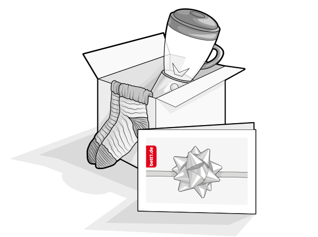 Illustration: The bett1.de gift voucher stands in front of a box with socks and a blender peeking out.