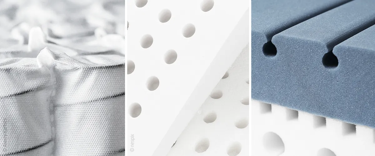 Dreigeteilte Grafik von Matratzenkomponenten in Großaufnahme (v. l. n. r.): in Stofftaschen eingenähte Metallfedern, ein Latexblock mit Lochbohrungen, heller und dunkler QXSchaum®