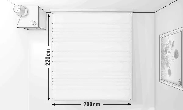 Illustration of a bedroom from a bird’s-eye view with a 200x220 cm mattress