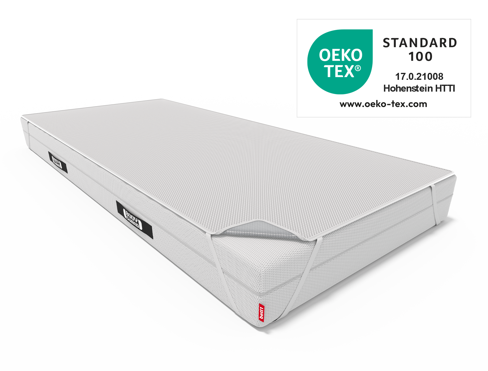 Die BODYGUARD® Inkontinenzauflage ist auf der BODYGUARD® Matratze mit den Halteschlaufen befestigt, daneben das Oeko-Tex® Standard 100 Siegel.