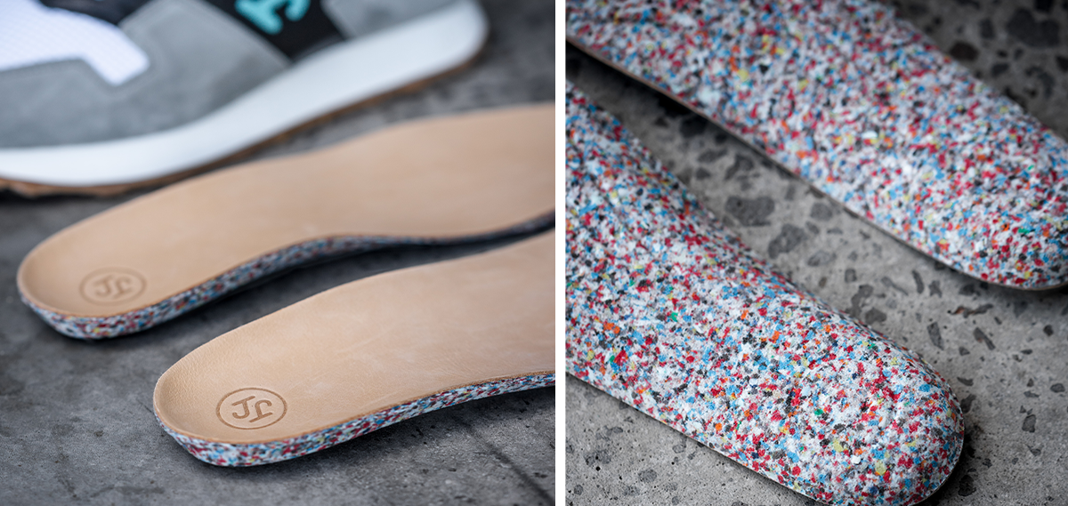 Two-part photo: soles made from recycled mattress cores. top side on the left, bottom side on the right. 