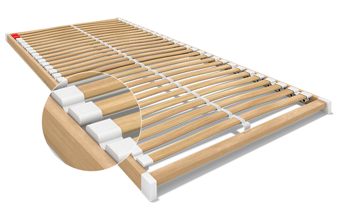 Image: Side view of the BODYGUARD® Slatted Frame Basic, a round cut-out shows the spring caps enlarged. 