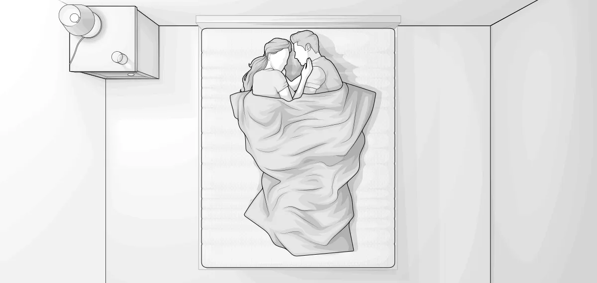 Bird's eye view illustration: A couple lying snuggled up together under a comforter on the 180x200 cm mattress