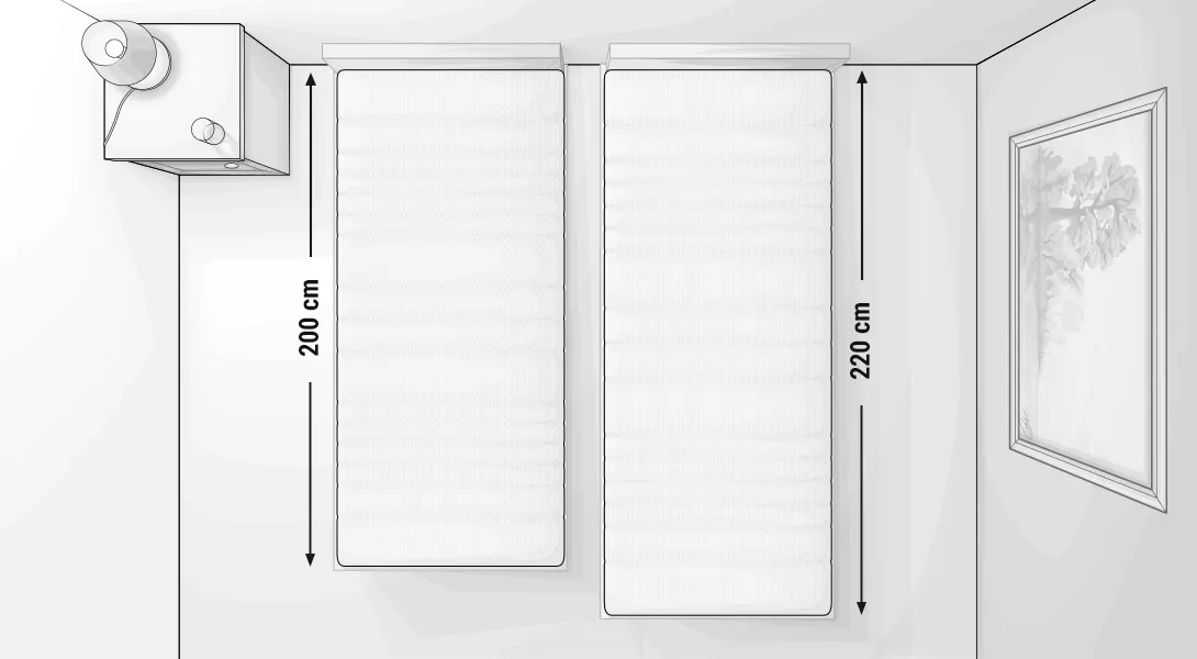 Illustration: A bird's-eye view of a bedroom. Two beds: on the left, one with a 90×200 cm mattress; on the right, one with a 90×220 cm mattress. The lengths are indicated with arrows