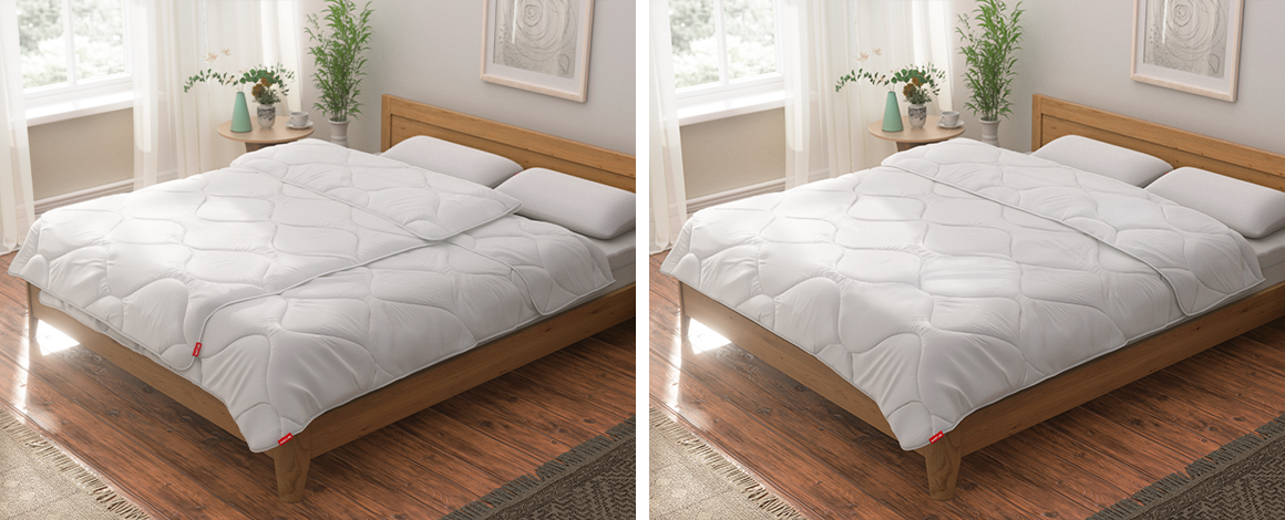 Two images of a bright, modern bedroom with a double bed. The image on the left shows two single duvets on the bed, while the image on the right shows one large double duvet.