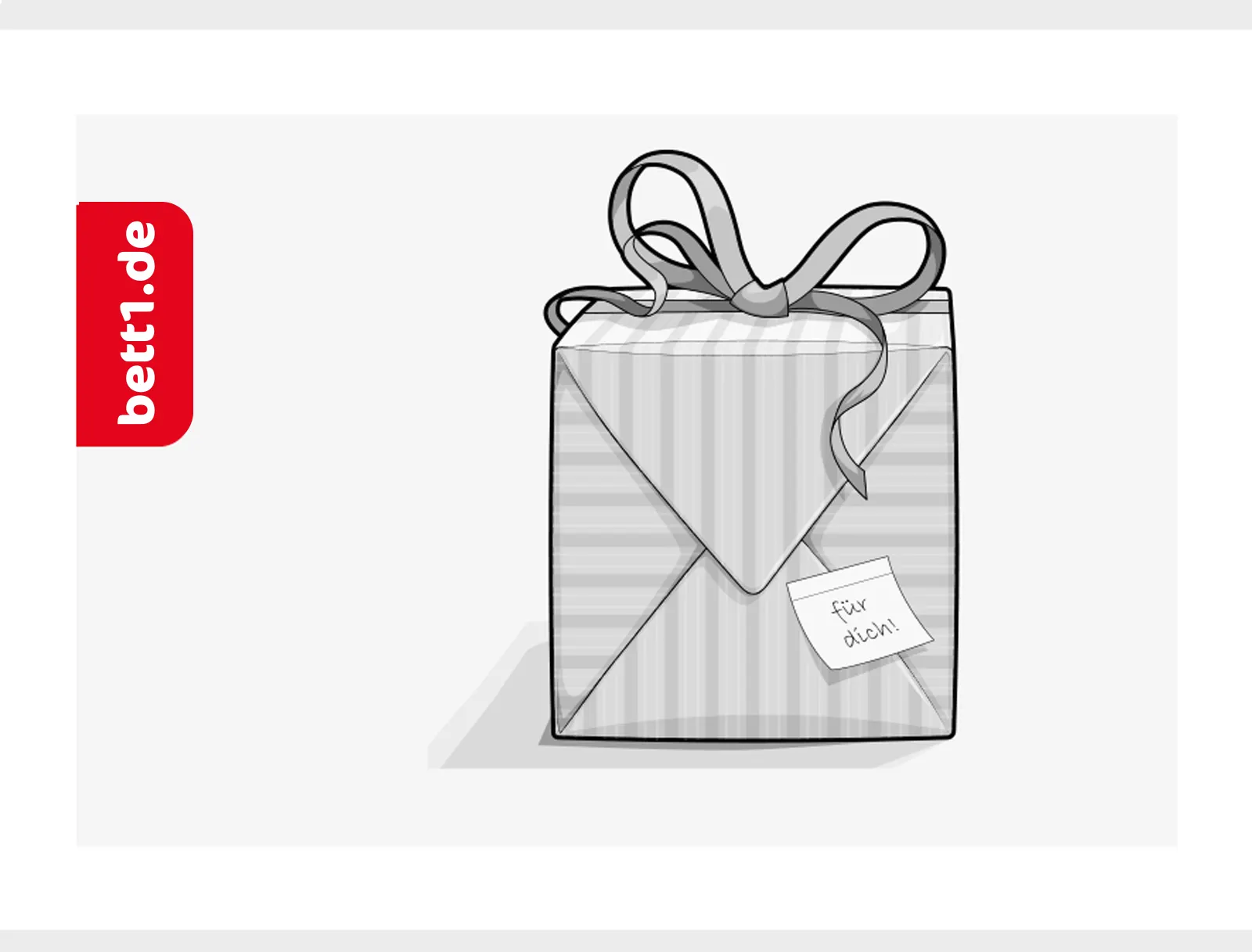 Der bett1.de Geschenkgutschein mit Motiv „Paket“: darauf ein in gestreiftes Papier verpacktes Geschenk mit Schleife und einem Zettel, auf dem steht: für dich!