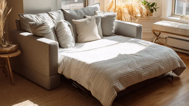 Photo: An unfolded pull-out couch with a bedspread and lots of pillows on it.