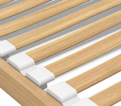 Photo: Close-up of the BODYGUARD Fixed Slatted Bed Base, 80 × 200 cm. The surface of the narrow wooden slats is smooth.