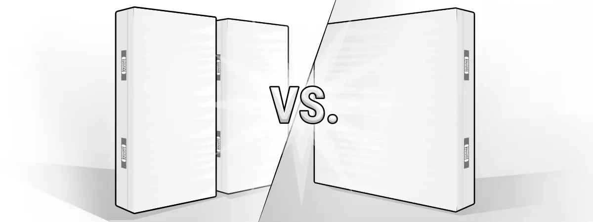 Illustration: two single mattresses 100x200 cm on the left and one mattress 200x200 cm on the right, with text in between: vs.