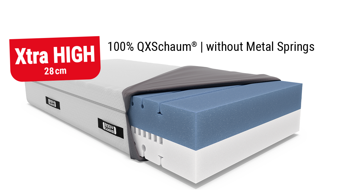 BODYGUARD® box spring mattress with open mattress cover. Text: 100 % full foam.