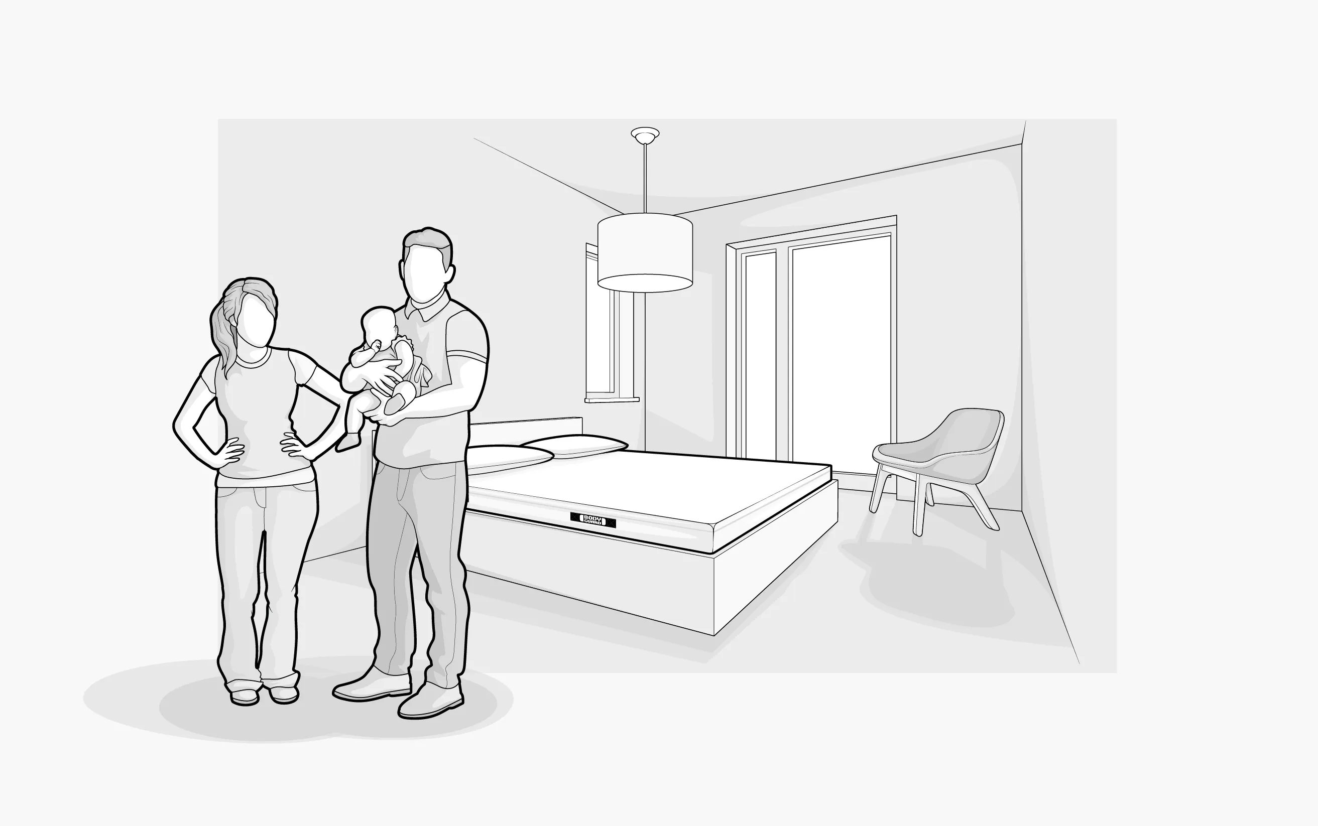 Illustration: Zwei junge Erwachsene stehen in einem Schlafzimmer mit Doppelbett samt BODYGUARD Matratze; eine Person hält ein Baby auf dem Arm.