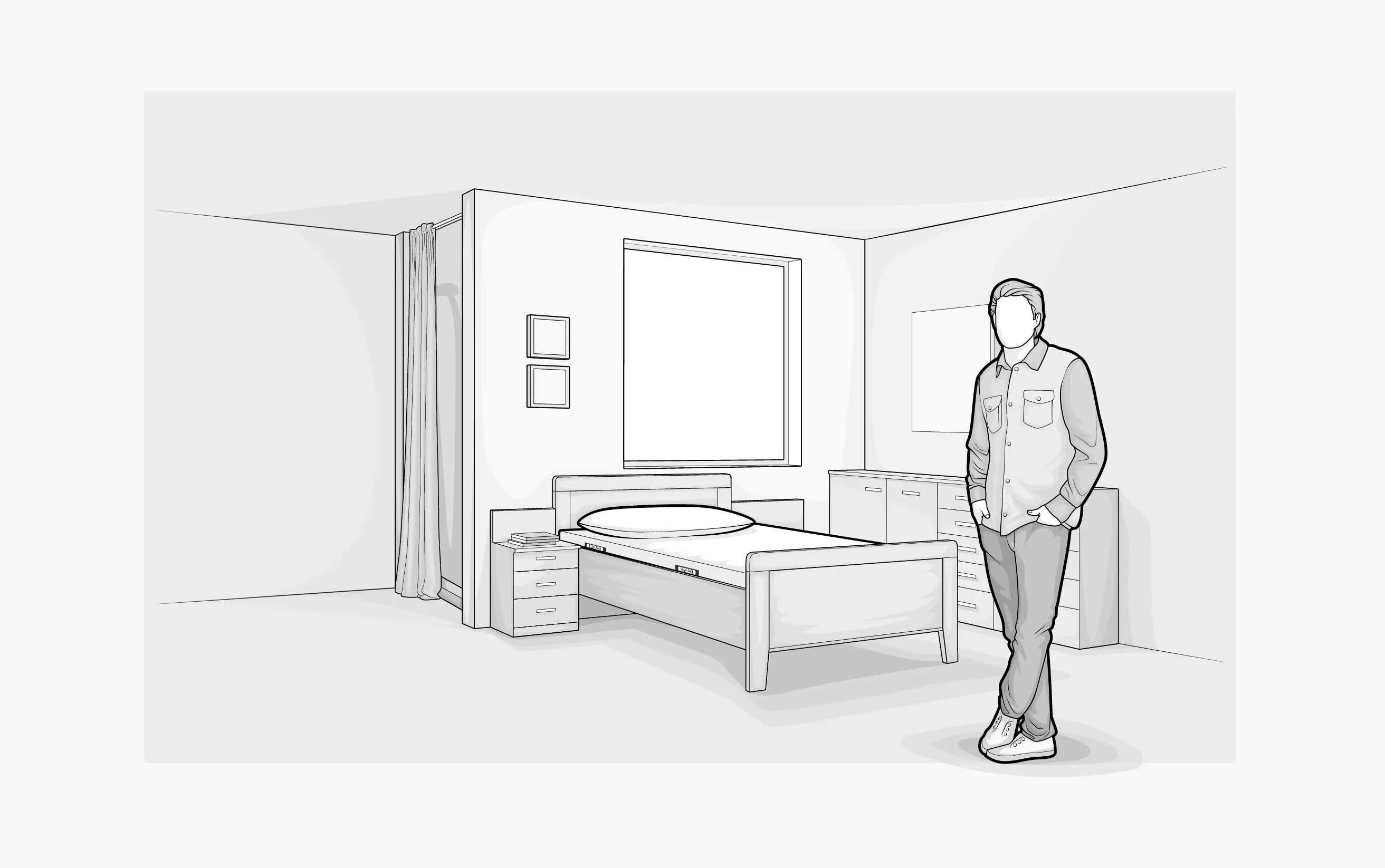 Illustration: Eine jugendlich gekleidete Person steht in einem Schlafzimmer mit Einzelbett samt BODYGUARD Matratze.