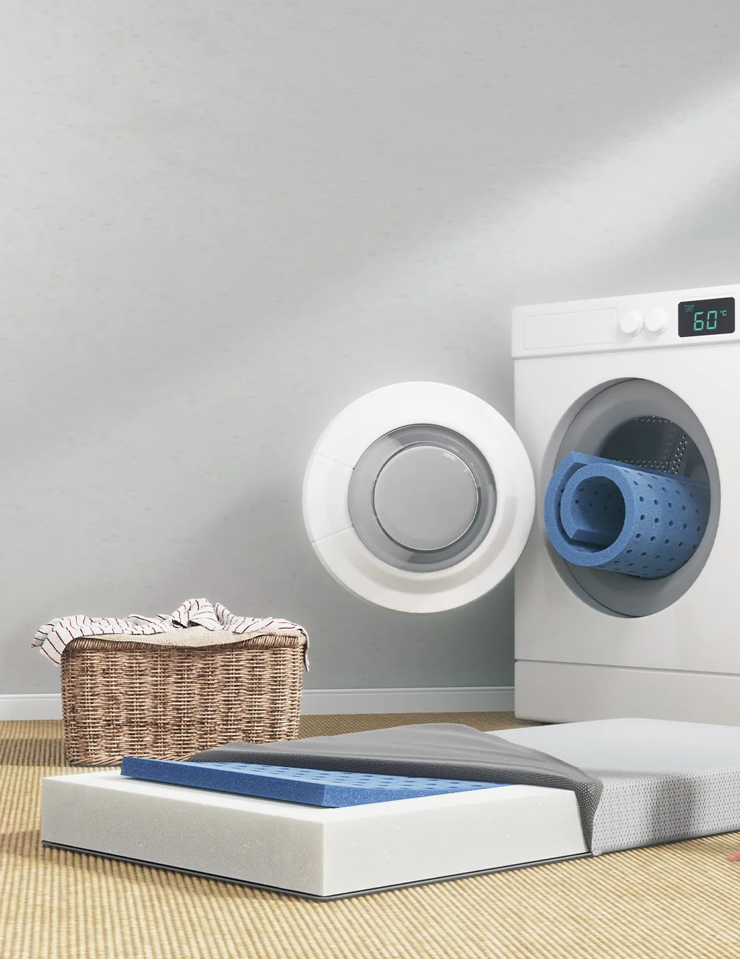 SuperBreeze® Kids Mattress in front of a washing machine. A child sits in front of the mattress.