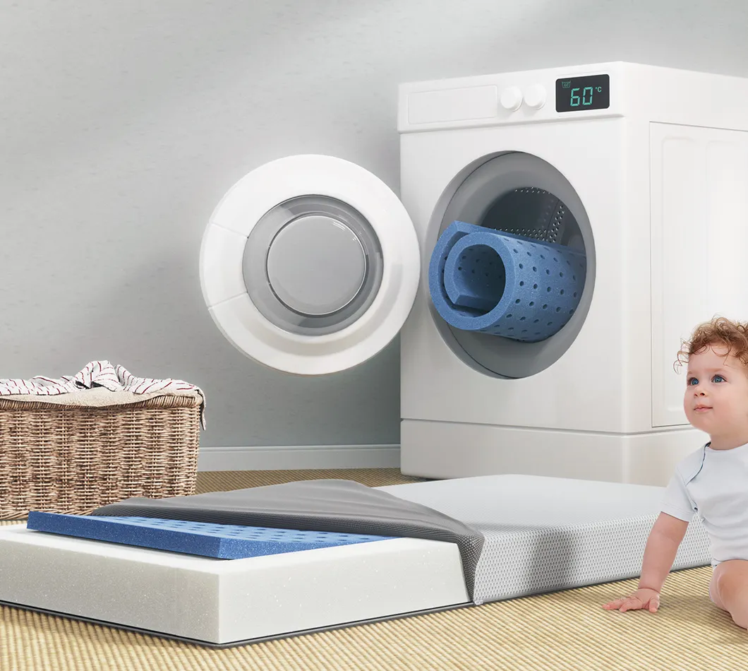 SuperBreeze® Kids Mattress in front of a washing machine. A child sits in front of the mattress.
